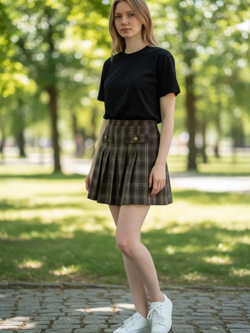 Suzy Shier Brown Plaid Pleated Mini Skirt Women’s Size 11 – Button Pocket